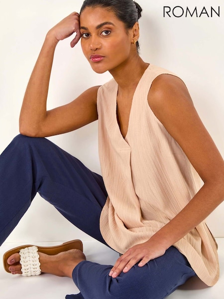 Roman Natural Textured Pleat Front Vest Top (W32533) | £32