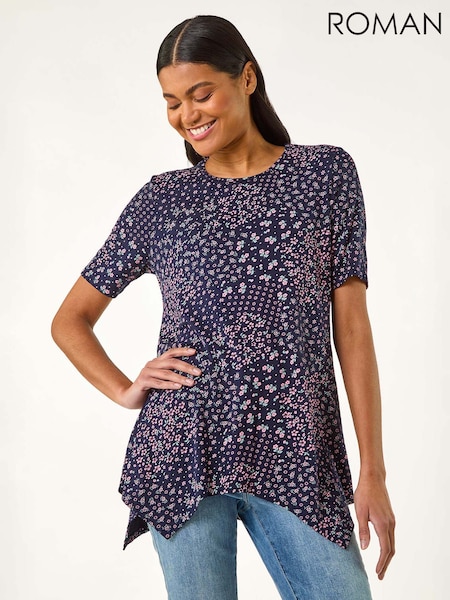 Roman Purple Floral Print Hanky Hem Tunic Top (W32536) | £32