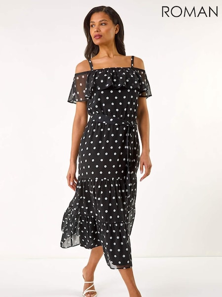 Roman Black Spot Print Bardot Midi Dress (W32538) | £68