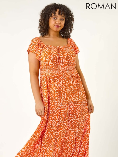Roman Orange Curve Shirred Printed Dress (W32605) | £55