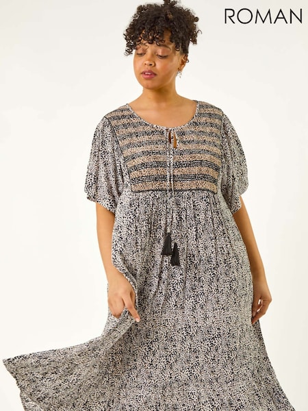Roman Black Curve Tassel Trim Printed Dress (W32613) | £50