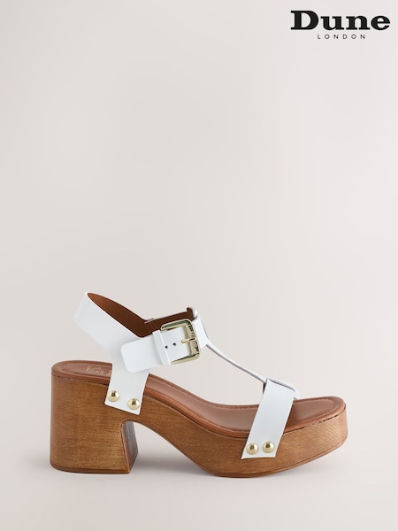 Dune London White Jaynie Chunky T-Bar Wood Block Sandals (W32683) | £99