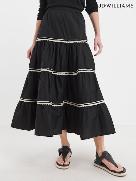 JD Williams Black 100% Cotton Ric Rac Tiered Maxi Skirt (W32717) | £42