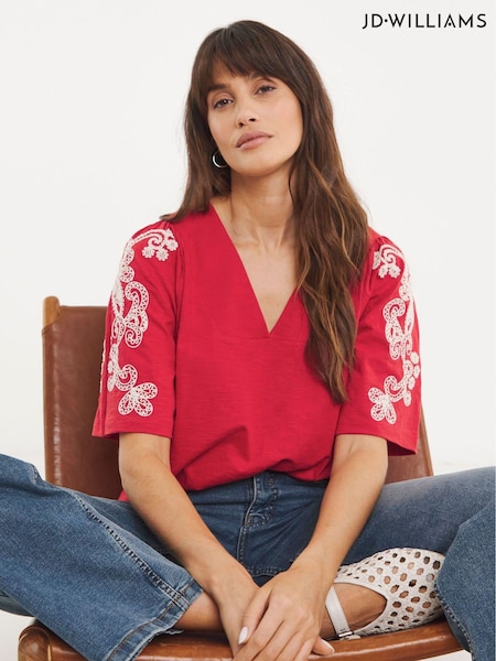 JD Williams Red 100% Cotton V-Neck Embroidered Sleeve Top (W32738) | £27