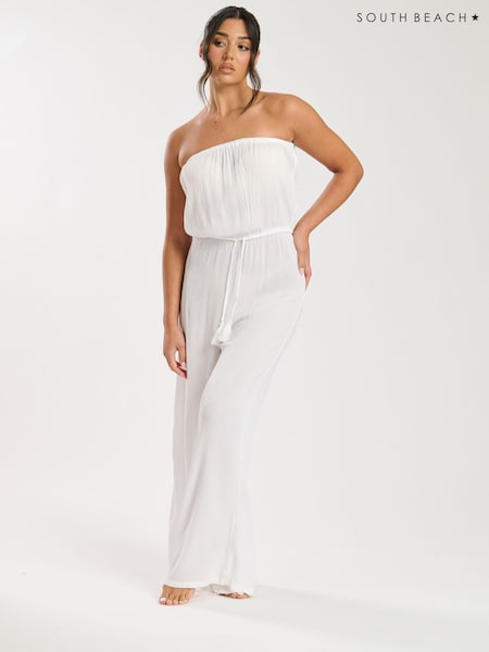 South Beach White Crinkle Viscose Sheer Strapless Jumpsuit (W32803) | £30