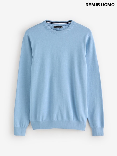Remus Uomo Blue Tapered Fit 100% Cotton Crew Neck Jumper (W32829) | £60