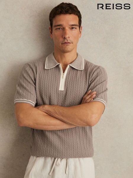 Reiss Light Taupe Brown Jarvis Micro-Cable Half-Zip Polo Shirt (W32861) | £118