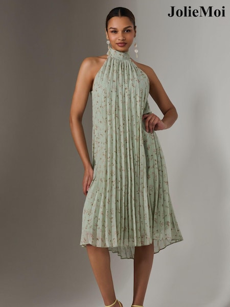 Jolie Moi Green Pleated Halter Neck Midi Dress (W32897) | £72