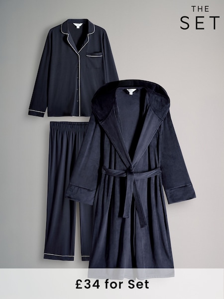 The Set Navy Blue 2 Pack Vsicose Blend Dressing Gown and Button Through Long Pyjamas with Piping (W32929) | £34