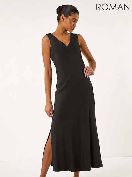 Roman Black Bias Linen Mix Midi Dress (W33031) | £50