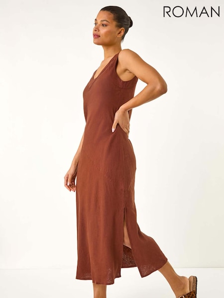 Roman Brown Bias Linen Mix Midi Dress (W33032) | £50