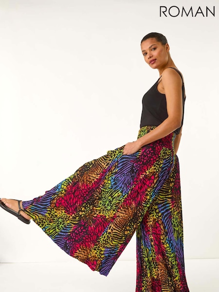 Roman Green Animal Print Wide Leg Palazzo Trousers (W33037) | £42