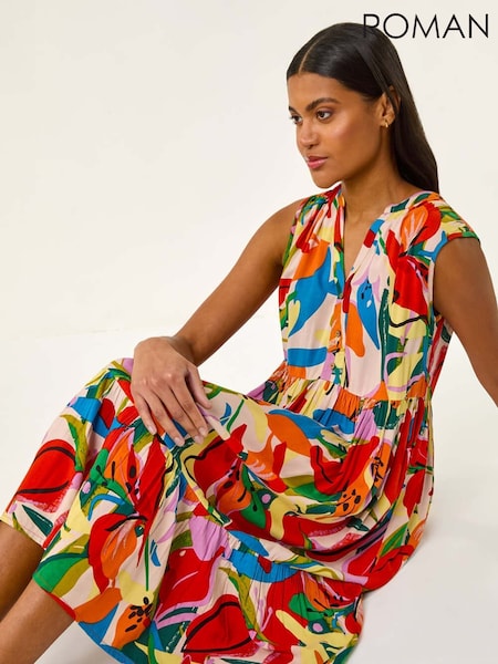 Roman Red Abstract Print Tiered Midi Dress (W33039) | £50