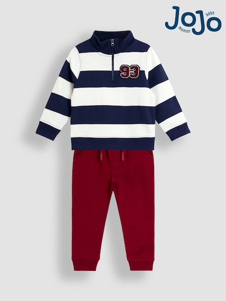 JoJo Maman Bébé Red 2-Piece Stripe Half Zip & Joggers Set (W33167) | £30 - £36