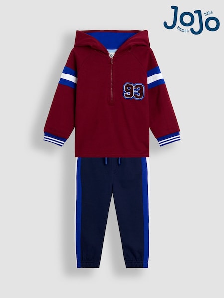 JoJo Maman Bébé Burgundy Red Varsity 2-Piece Hooded Half Zip & Joggers Set (W33180) | £30 - £36