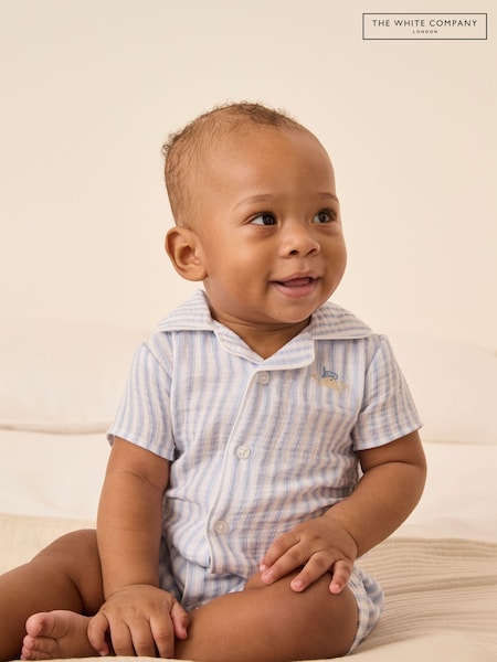 The White Company Blue Crinkle 100% Cotton Stripe Crab Embroidered Rompersuit (W33185) | £30