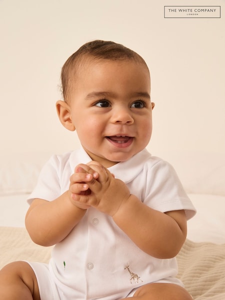 The White Company 100% Cotton Party Animals Embroidered Shorts White Rompersuit (W33186) | £26
