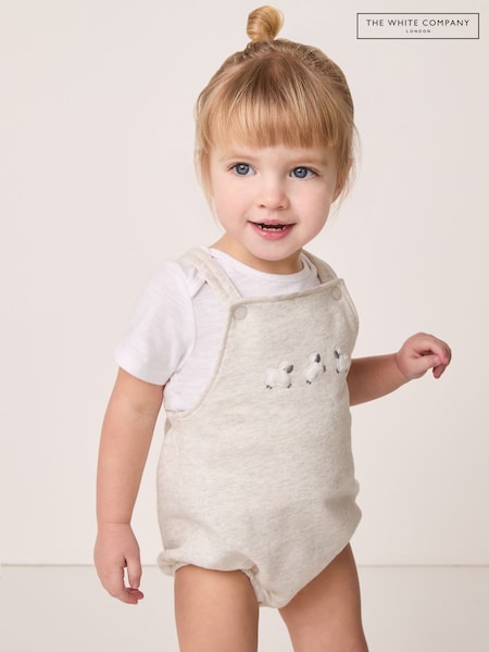 The White Company Cream 100% Cotton Sheep Embroidered Bubble and Rompersuit (W33192) | £34