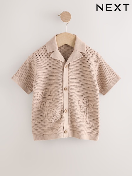 Neutral Palms Textured Revere Collar Short Sleeve Knitted Polo Shirt (3mths-7yrs) (W33210) | £13 - £15