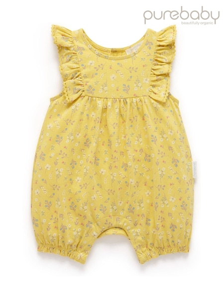 Purebaby Yellow Sunshine Ruffle 100% Cotton Shortie Rompersuits (W33217) | £25