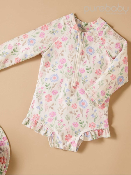 Purebaby Pink Floral Long Sleeve Swimsuit (W33230) | £28