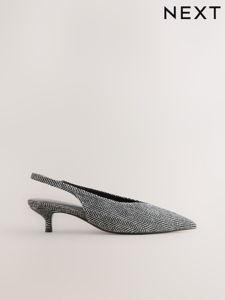 Grey Herringbone Standard/Wide Fit Point Toe Low Slingback Kitten Heels Shoes (W33476) | £28