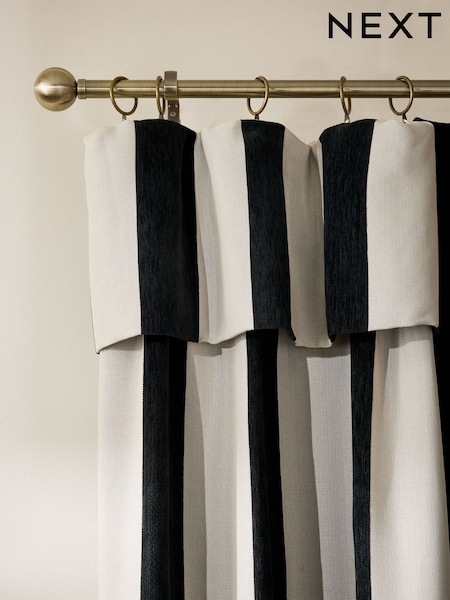 Black/Natural Chenille Stripe Ruffle Top Fold Over Lined Curtains (W33496) | £85 - £145