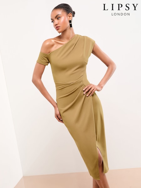 Lipsy Olive Green Off The Shoulder Gathered Waist Midi Dress (W33506) | £80