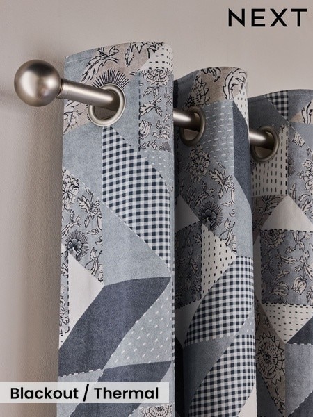 Blue Woodblock Patchwork Print Blackout/Thermal Eyelet Curtains (W33510) | £50 - £110