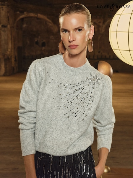 Love & Roses Grey Star Embellished Cosy Knit Jumper With Wool (W33538) | £40