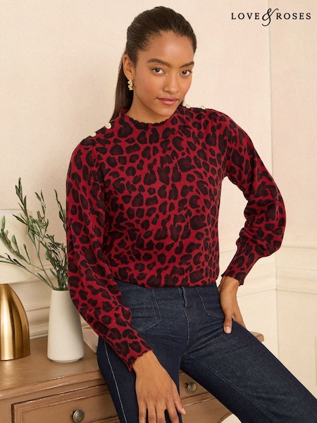 Love & Roses Burgundy Red Animal High Neck Fine Gauge Jumper (W33553) | £39