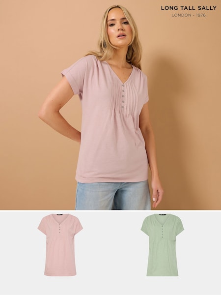 Long Tall Sally Pink 100% Cotton Short Sleeve Pintuck Henley Tops 2 Pack (W33577) | £34