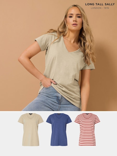 Long Tall Sally Pink 100% Cotton V-Neck T-Shirts 3 Pack (W33596) | £33