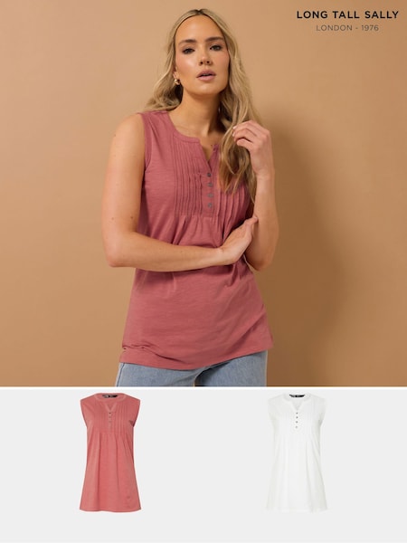 Long Tall Sally Pink 100% Cotton Sleeveless Henley T-Shirts 2 Pack (W33598) | £33