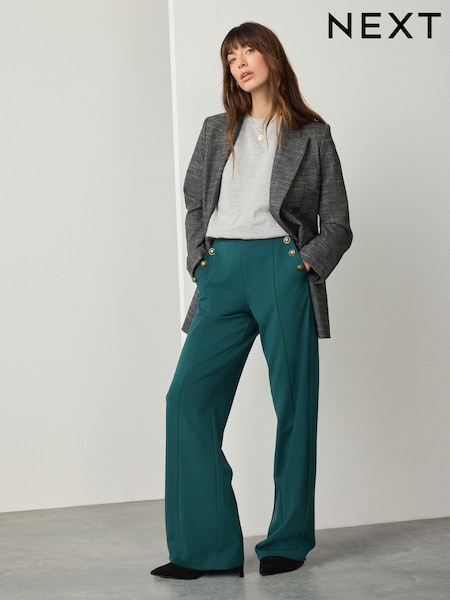 Teal Blue Ponte Wide Leg Trousers With Gold Button Detailing (W33622) | £36