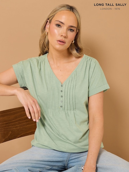 Long Tall Sally Green 100% Cotton Short Sleeve Pintuck Henley Top (W33638) | £20