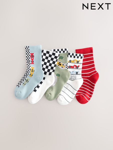 Red/White Race Cars Cushioned Footbed Cotton Rich Ribbed Socks 5 Pack (W33696) | £7.50 - £10.50