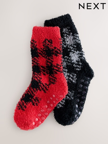 Red/Grey Checkerboard Cosy Socks 2 Pack (W33716) | £8 - £10