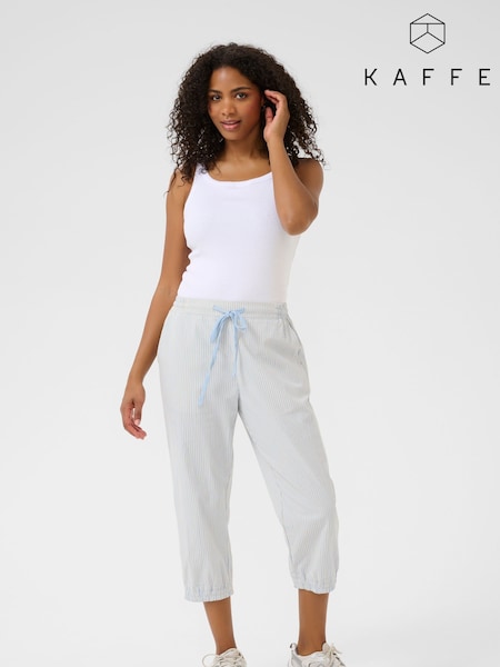 Kaffe Blue 100% Cotton KAnaya Striped Cropped Capri Trousers (W33859) | £40