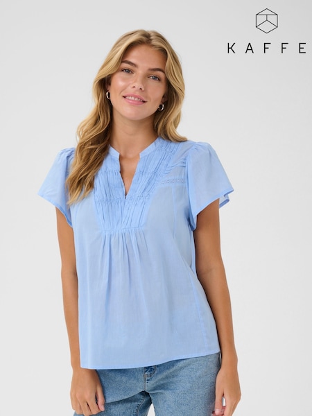 Kaffe Blue KAkarli Short Sleeve V-Neck 100% Cotton Blouse (W33864) | £40