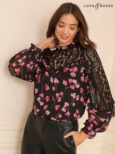 Love & Roses Black Floral Print Crew Neck Lace Yoke Long Sleeve Blouse (W33907) | £42