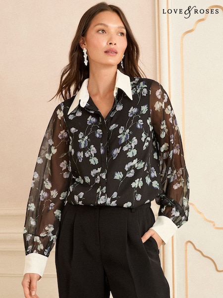 Love & Roses Black Floral Printed Long Sleeve Shirt (W33909) | £39