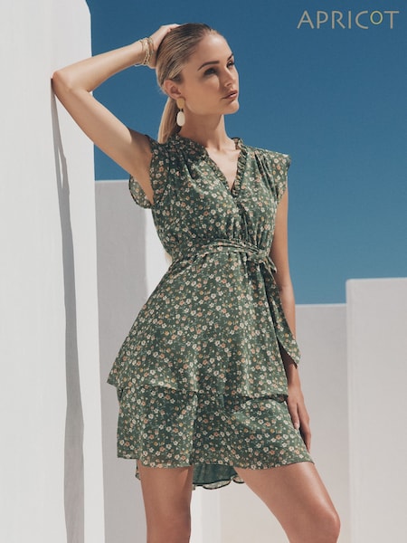 Apricot Green Tiny Vine Flower Print Layered Dress (W33945) | £40