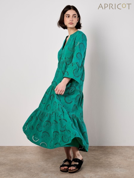 Apricot Green Embroidered Textured 100% Cotton Midi Dress (W33946) | £75