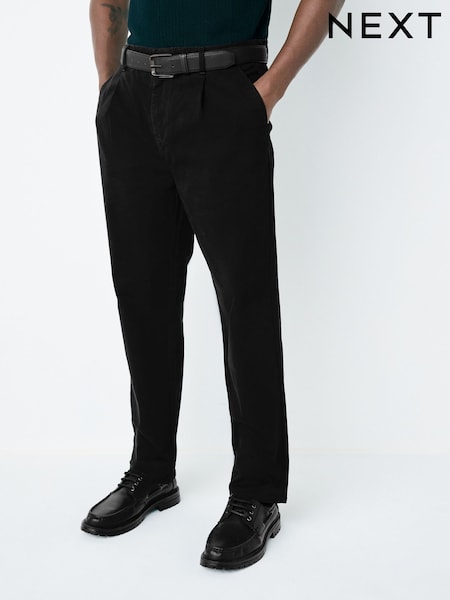 Black Straight Fit Belted Soft Touch Pleated Chino Trousers (W34016) | £35