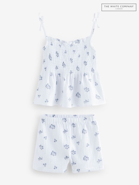 The White Company 100% Organic Cotton Crinkle Elodie Floral Tie Shoulder White Top and Shorts Set (W34052) | £40 - £42