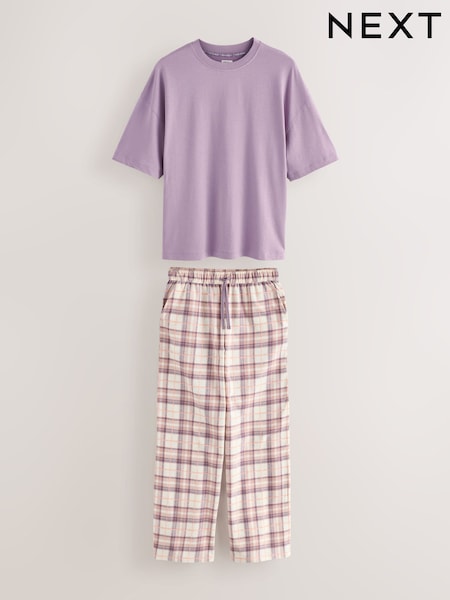 Lilac Purple Check Cotton/Modal Blend Short Sleeve Pyjamas (W34053) | £28