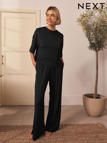 Black Jersey Satin Mix Short Sleeve Pyjamas (W34060) | £38