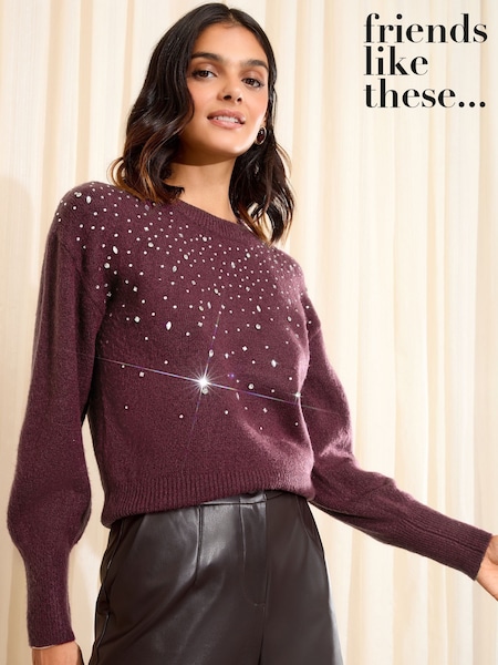 Friends Like These Burgundy Red Petite Scatter Hotfix Jumper (W34245) | £36