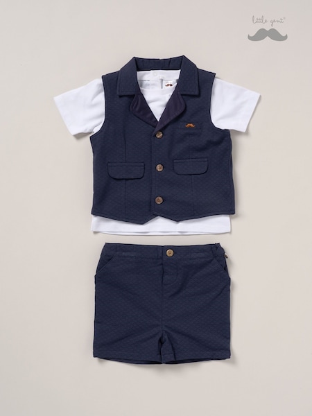 Little Gent Blue 100% Cotton T-Shirt Shorts and Waistcoat Outfit Set (W34248) | £32